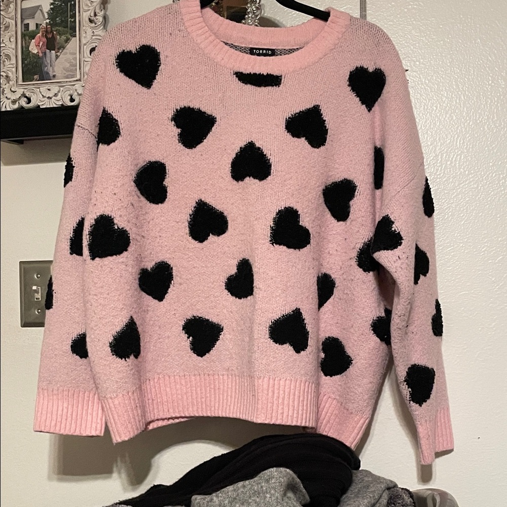 Torrid Pink Sweater with Black Heart Pattern